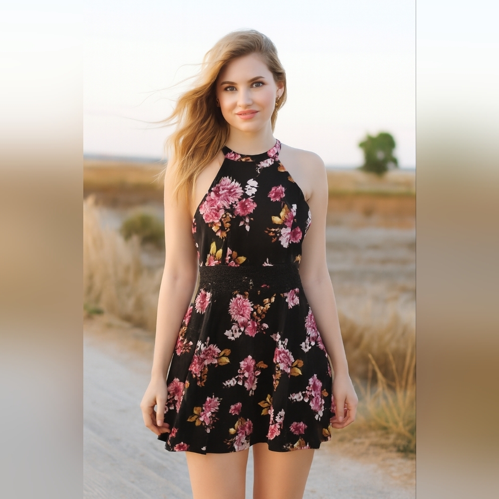 No Boundaries Barbiecore Dark Romantic Cottage Black Pink Lace Floral Mini Dress